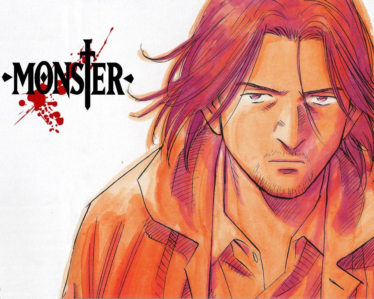 : Close-up portrait of a long-haired man with intense expression from Monster anime