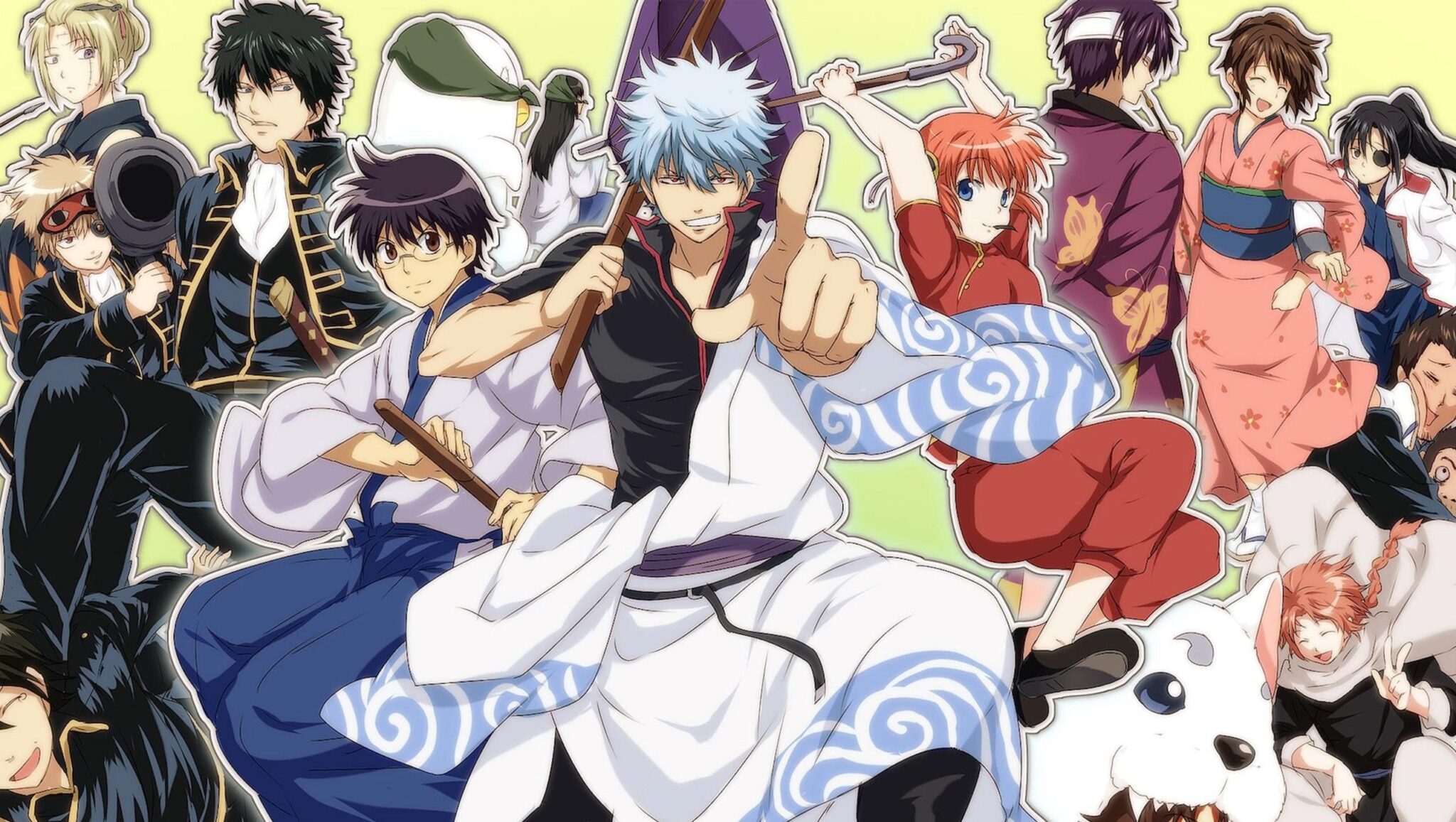 Large group artwork featuring the diverse cast of Gintama in traditional and modern clothing